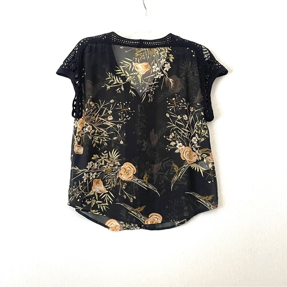 Anthropologie Meadow Rue Floral Crochet Sleeve Black Sheer Blouse - Picture 4 of 9